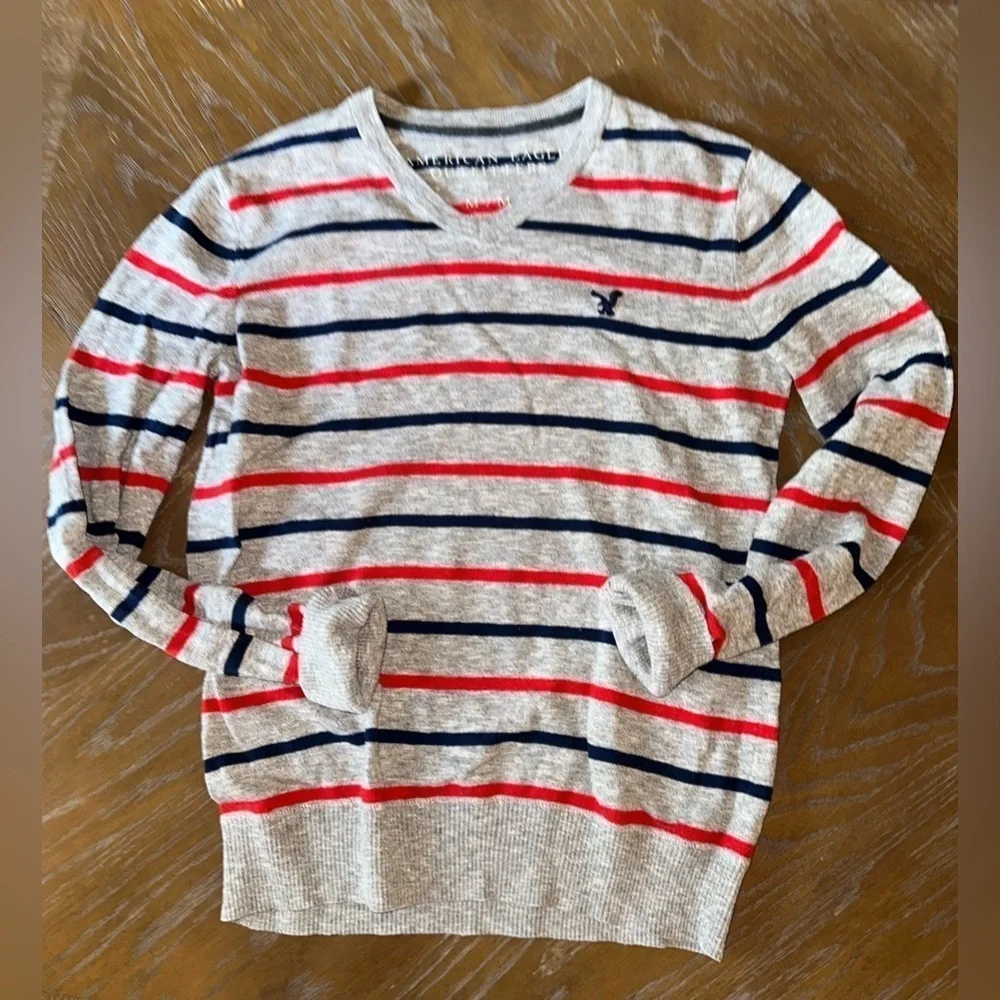 American Eagle Cotton V-Neck Sweater - Grey with Red & Blue Stripes - Size M